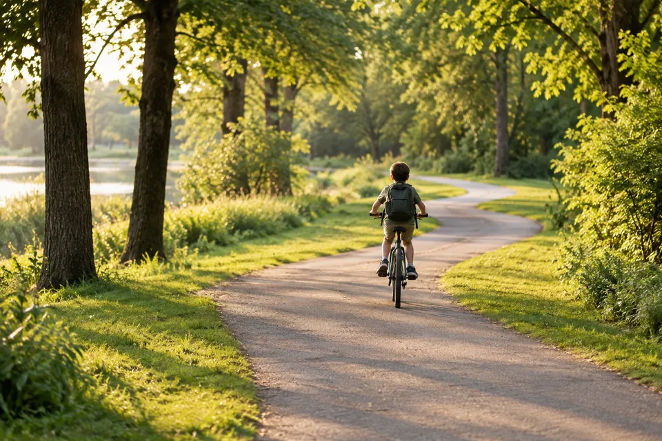 Un niño con mochila montando en bicicleta por un sendero sinuoso de un parque