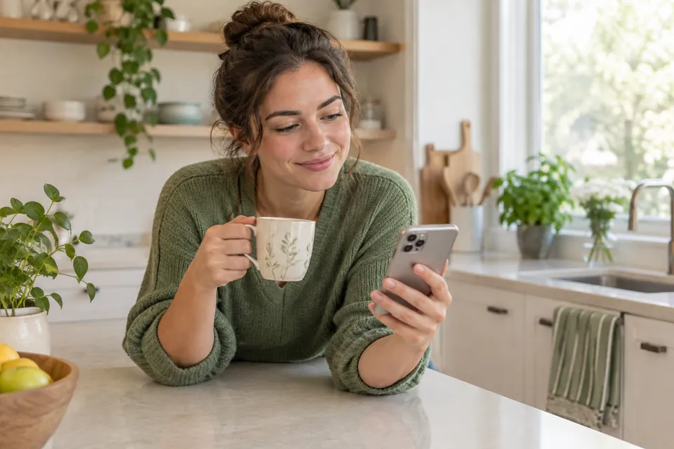 Una madre en una cocina mirando de reojo su teléfono con una sonrisa tranquila