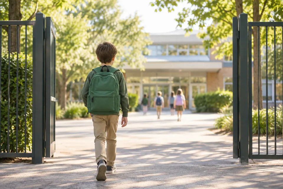 Un niño con una mochila verde cruzando la puerta de una escuela por la mañana