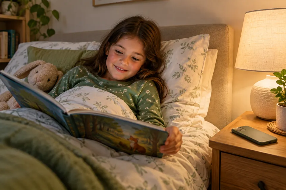 Un niño leyendo un libro en la cama bajo una lámpara, con un teléfono boca abajo en la mesita de noche