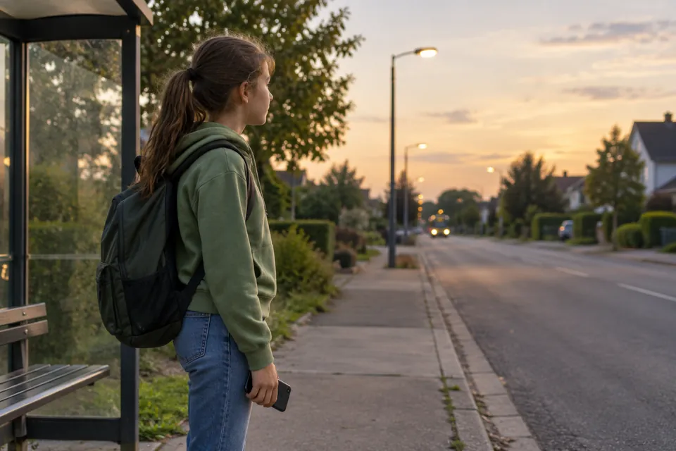 Una niña con mochila esperando en una parada de autobús al caer la tarde, con el teléfono en la mano