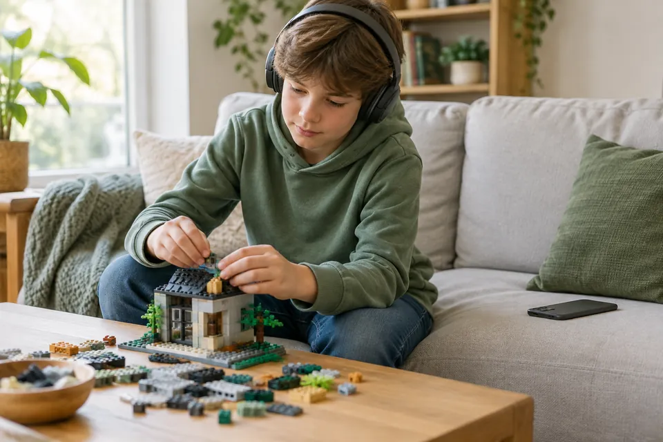 Un niño con auriculares, concentrado en armar una maqueta, con el teléfono boca abajo a su lado