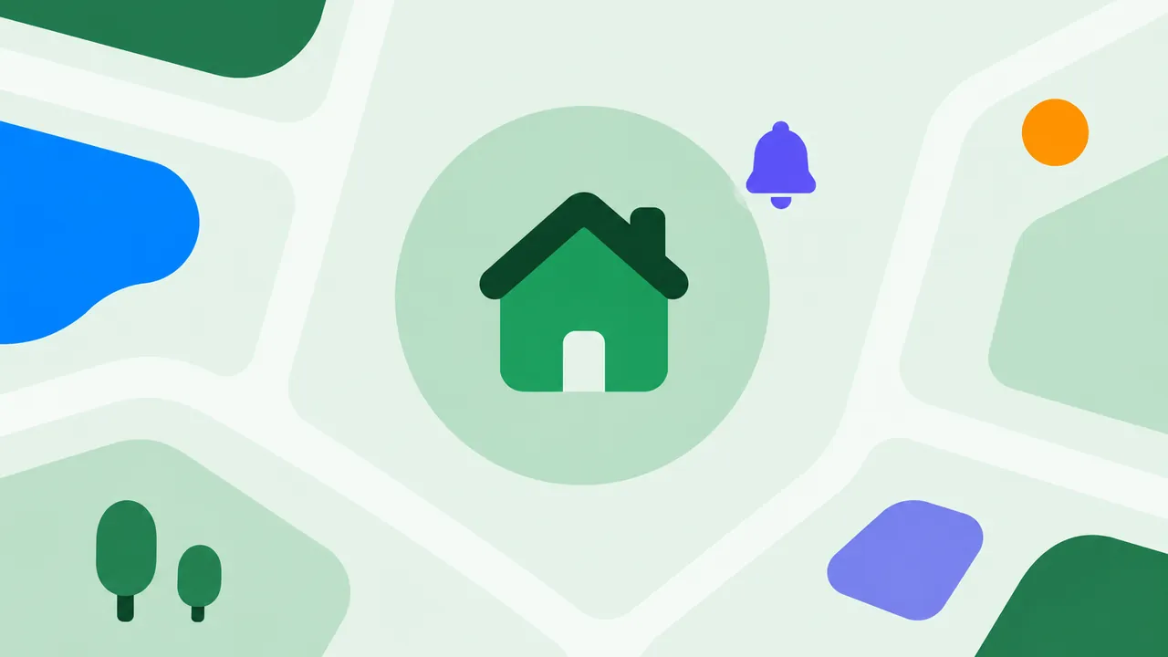 Forma abstracta de una casa dentro de un círculo verde claro sobre un mapa